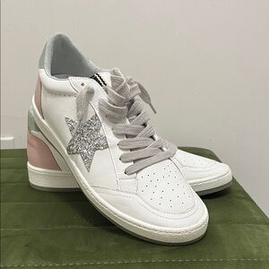 Women's White Leather Sneakers with Silver Glitter Star and Pastel Accents NWOT